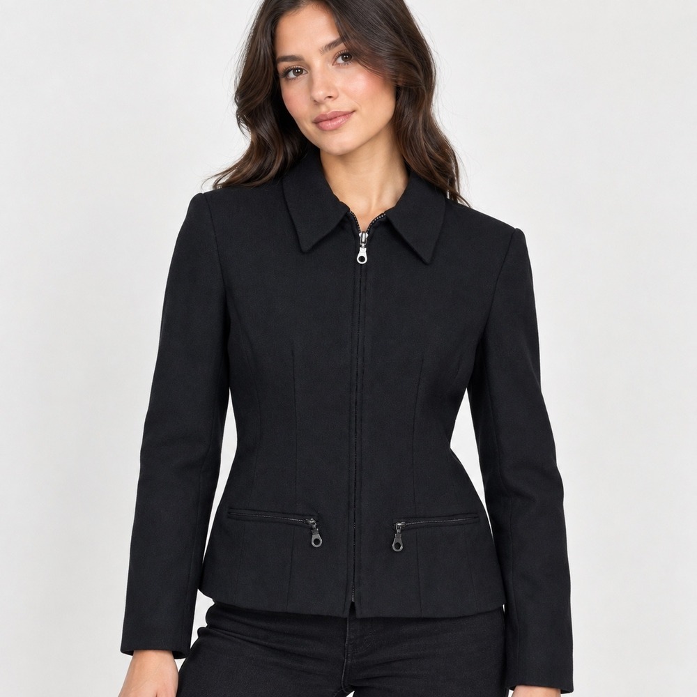 Vintage Bebe Black Wool Zip Jacket Women 4 Made USA Y2K Fitted Office Siren